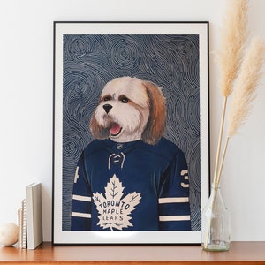 Benutzerdefinierte Toronto Maple Leafs Hundemalerei - handgemaltes Aquarell Haustierportrait - einzigartiges Geschenk für Sportfan und Haustier-Elternteil