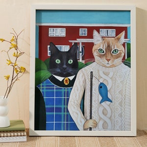 Custom two cats painting, American Gothic customized pets portrait, Hand painted original gift for cats lovers