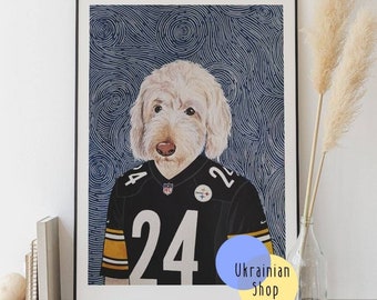 Retrato personalizado de perros deportivos de los Pittsburgh Steelers - Pintura de mascotas en acuarela - Regalo personalizado para los amantes de las mascotas - Arte único para perros