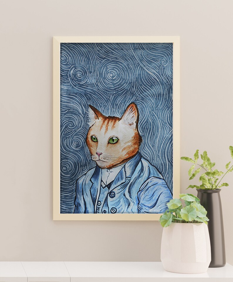 Custom cat portrait Van Gogh Watercolor cat Custom pet painting Original gif idea for cat lover image 2