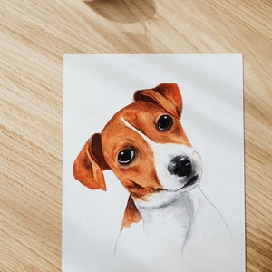 May include: Watercolor painting of a brown and white Jack Russell Terrier dog looking at the viewer with a curious expression. The dog's head is tilted to the side and its ears are perked up.
