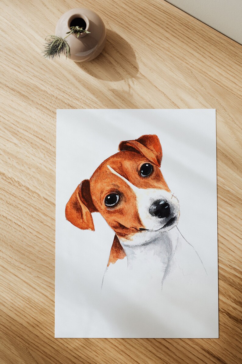 May include: Watercolor painting of a brown and white Jack Russell Terrier dog looking at the viewer with a curious expression. The dog's head is tilted to the side and its ears are perked up.