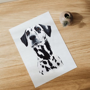 May include: A black and white Dalmatian dog with brown eyes looking to the right. The dog is painted in a realistic style on a white background.