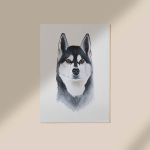 May include: Watercolor painting of a black and white husky dog with brown eyes. The dog is looking directly at the viewer.