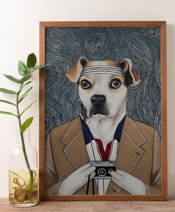 Richie Tenenbaum character Custom dog portrait, Watercolor pet painting, Personalised gift for pet owner, Wes Anderson movies art