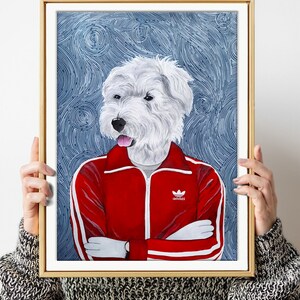 May include: A white dog wearing a red Adidas tracksuit with white stripes and the Adidas logo on the chest. The dog is standing against a blue background with white lines.