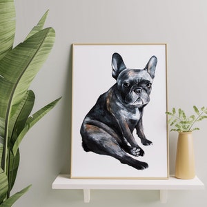 May include: A framed painting of a black French Bulldog sitting on a white background. The dog has a serious expression and is looking directly at the viewer.