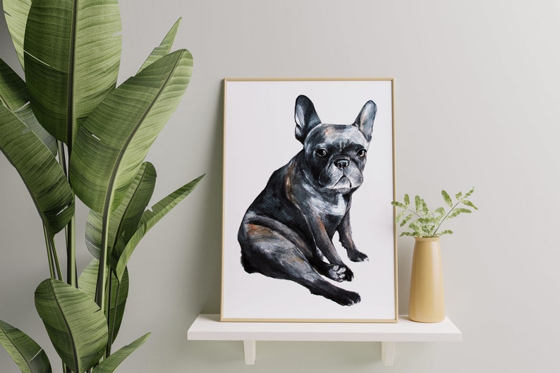 May include: A framed painting of a black French Bulldog sitting on a white background. The dog has a serious expression and is looking directly at the viewer.