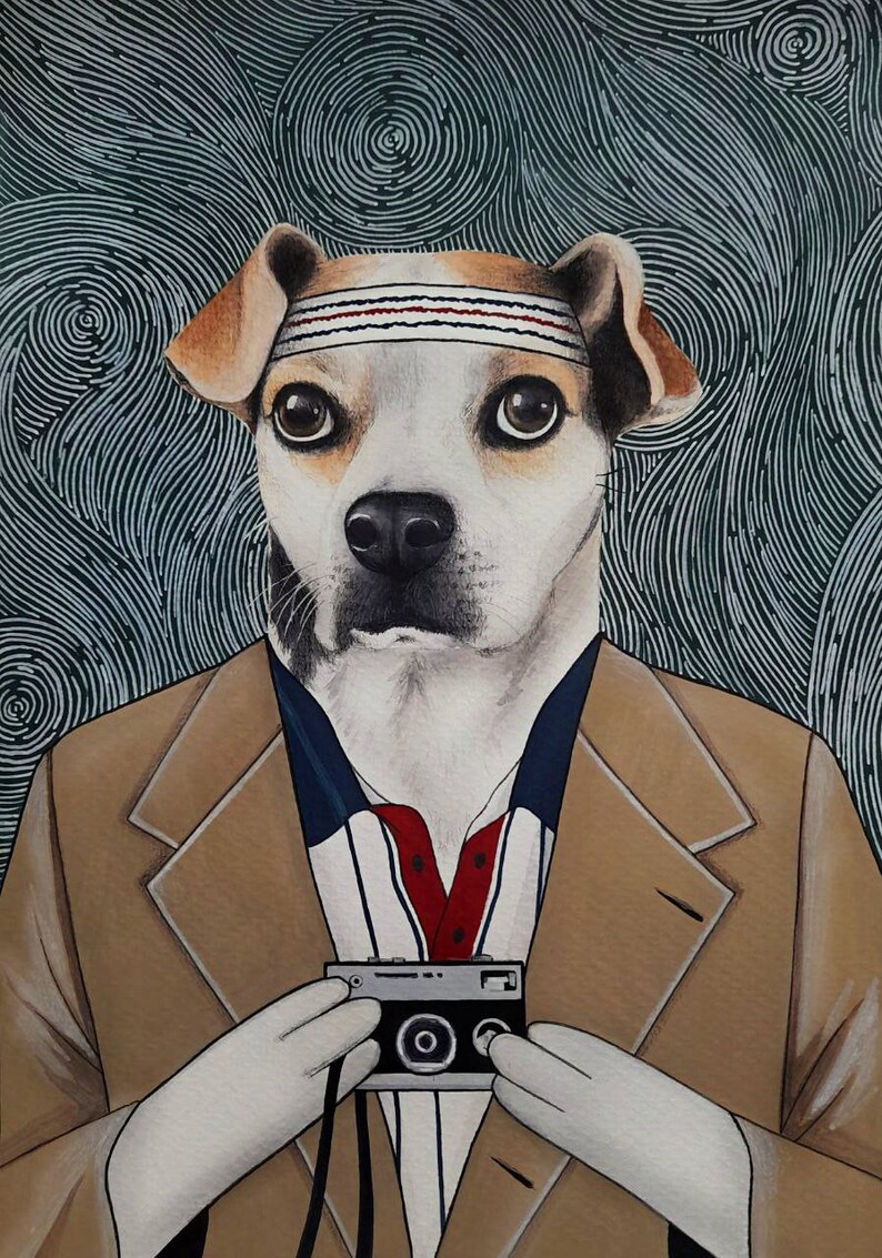 May include: A white dog with brown ears wearing a brown jacket and a white headband with red and blue stripes. The dog is holding a silver camera in front of its chest. The background is a dark green with white swirls.
