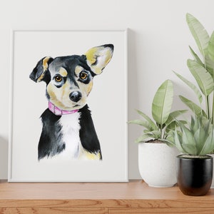 May include: Watercolor painting of a black, brown, and white dog with a pink collar. The dog is looking directly at the viewer with one ear perked up.