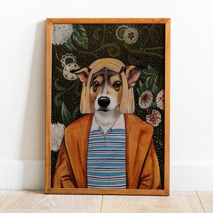 May include: A framed painting of a dog dressed as a person. The dog has a blonde wig and is wearing a brown jacket and a blue and white striped shirt. The background is a dark green with flowers and leaves.
