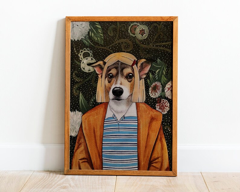 May include: A framed painting of a dog dressed as a person. The dog has a blonde wig and is wearing a brown jacket and a blue and white striped shirt. The background is a dark green with flowers and leaves.