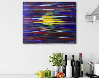 Full Moon Rising - Blue Wall Art, Full Moon Art, Abstract Sunset Painting, Focal Point Art, Sunset Artwork, Moon Rise Art