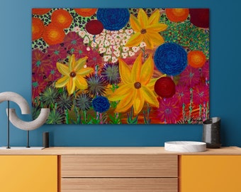 Quilted Flowers I-Floral Painting, Oversized Wall Art,  Focal Point Art, Modern Floral Art, Large Painting, Colorful Painting, Flower Art