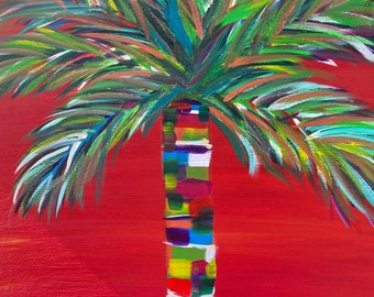 Mosaic Palm Tree, Crimson - Colorful Wall Art, Contemporary Palm Tree Art, Abstract Palm Tree Painting, Tropical Art, Palm Tree Artwork