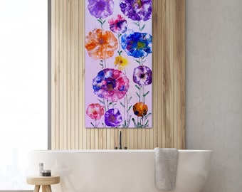 Violet Blooms-Floral Painting, Oversized Wall Art,  Focal Point Art, Modern Floral Art, Large Painting, Tall Painting