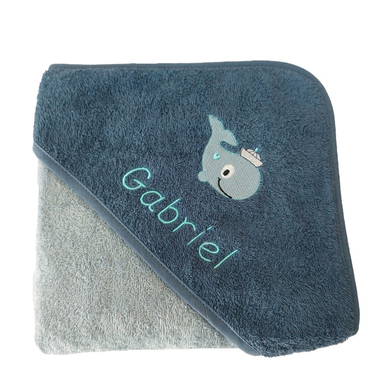 Kapuzenbadehandtuch Baby Handtuch bestickt Kinderhandtuch mit Namen Name Wal/ Fisch bestickt personalisiert unisex stahl-dunkelblau Bild 1