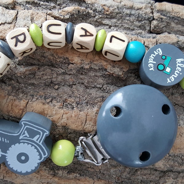 Schnullerkette mit Namen Traktor kleiner Bruder für Jungen Name personalisiert