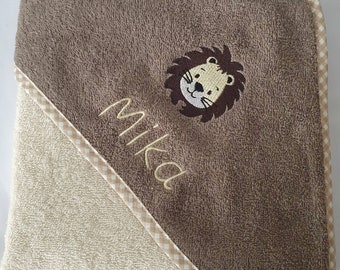 Kapuzenbadehandtuch Baby Handtuch bestickt Löwe  mit Namen personalisiert braun-creme unisex