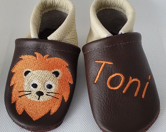 Krabbelschuhe/Lederpuschen mit Namen Löwe Tiger dunkelbraun/creme