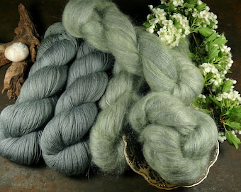 Garnset PETROL  (EUR 315/kg):  200gr KidSilk & 200gr Merino Singlesgarn im Set - natürlich gefärbtes Garn