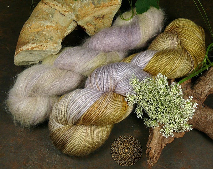 Featured listing image: GARNSET  100gr Gold Glitzer Merino & 50gr Suri Seide im Set, Naturfärbung, (EUR 283,33/kg)