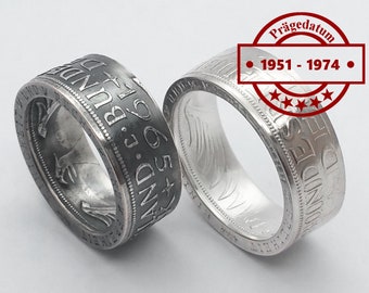 Münzring 1951 bis 1974 BRD 5 Mark mit Datum Heiermann Silberadler DM Ring Silber 625er Coin Ring Münze Münzschmuck