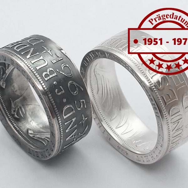 Münzring 1951 bis 1974 BRD 5 Mark mit Datum Heiermann Silberadler DM Ring Silber 625er Coin Ring Münze Münzschmuck