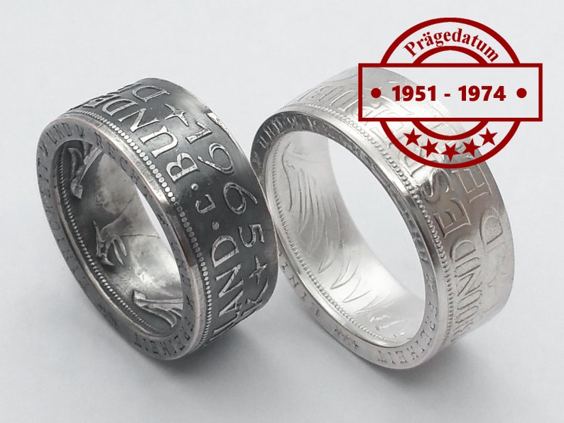 Münzring 1951 bis 1974 BRD 5 Mark mit Datum Heiermann Silberadler DM Ring Silber 625er Coin Ring Münze Münzschmuck Bild 1