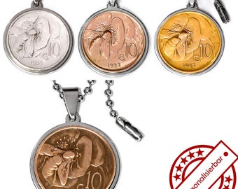 Stainless steel bee coin pendant, 10 Centesimi Italian coin with bee design + ball chain, silver-plated vintage or gold-plated, optional custom engraving