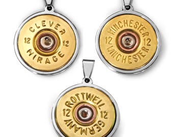 Stainless steel shotgun cartridge pendant, 12 gauge, optionally with engraving, Clever Mirage, Rottweil or Wincheste, including 60 cm ball chain