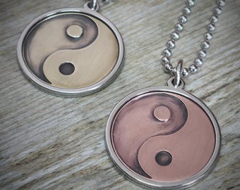 Yin Yang pendant made of stainless steel - copper / brass • Vintage + jewelry bag + stainless steel ball chain 60 cm