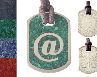 Anhänger Dog Tag 5 DM "@" mit Inlay und Baumwollband, original Münze, Silber 625er + Schmuckbeutel