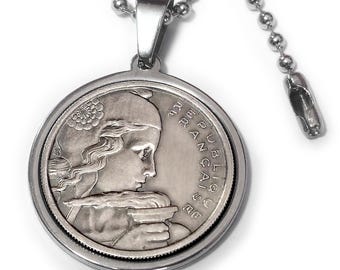 France 100 Francs Marianne coin pendant + ball chain and jewelry pouch, optional engraving