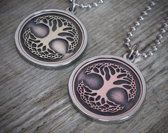 Tree of Life Pendant Stainless Steel - Copper / Brass • Vintage + Jewelry Bag + Stainless Steel Ball Chain 60 cm