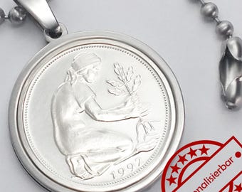 Münzanhänger Edelstahl 50 Pfennig Münze BRD mit Datum 1949 - 2001 - personalisierbar Geschenk + Kette