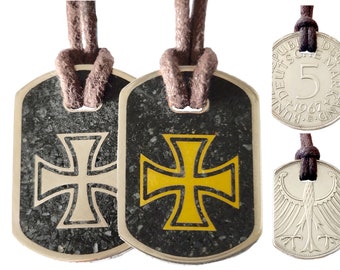 Anhänger Dog Tag 5 DM "Eisernes Kreuz" mit Inlay und Baumwollband, original Münze, Silber 625er + Schmuckbeutel