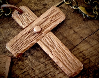 Cross pendant hand-forged from 99.5% fine copper in antique finish + jewelry bag + 60 cm chain with lobster clasp