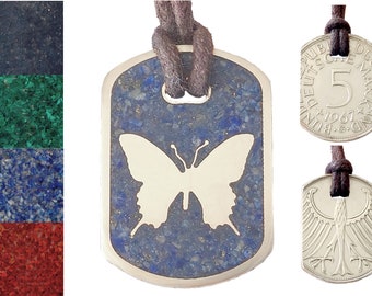 Anhänger Dog Tag 5 DM "Schmetterling" mit Inlay und Baumwollband, original Münze, Silber 625er + Schmuckbeutel