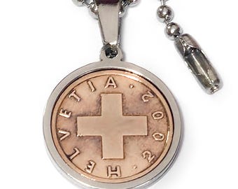Swiss coin pendant with date HELVETIA SWISS CROSS made of stainless steel 1 Rappen 1850 - 2006 + ball chain, optionally with engraving
