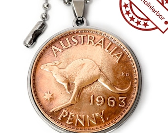 Australian Kangaroo coin pendant made of stainless steel + ball chain, optionally with engraving.