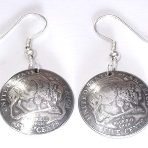 Pendientes USA 5 centavos bañados en plata (Bisonte americano) con ganchos de acero inoxidable