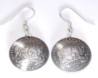 Earrings USA 5 cents silver-plated (American Bison) with stainless steel ear hooks