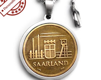 SAARLAND stainless steel coin pendant - 10 francs 1954 Germany + ball chain, optional engraving.