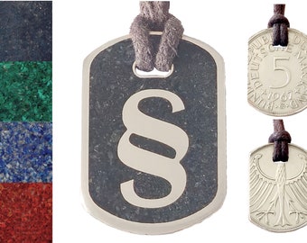 Anhänger Dog Tag 5 DM "Paragraph" mit Inlay und Baumwollband, original Münze, Silber 625er + Schmuckbeutel