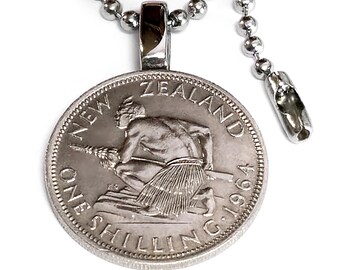MAORI WARRIOR coin pendant with stainless steel loop, 1 New Zealand shilling + ball chain