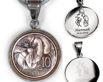 Stainless steel bee coin pendant with wooden inlay - 10 Centesimi Italian coin with bee motif, optional custom engraving & chain