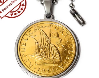 Portugal Caravel coin pendant made of stainless steel, 5 Escudos gold-plated + ball chain, optionally with engraving.