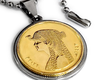 Cleopatra coin pendant made of stainless steel, 50 piastres, Egypt + ball chain, optional engraving