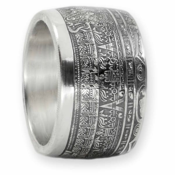 Münzring Azteken Kalender versilbert 1 Unze Kupfer Größe 58 bis 72 Coin Ring Münze Münzschmuck